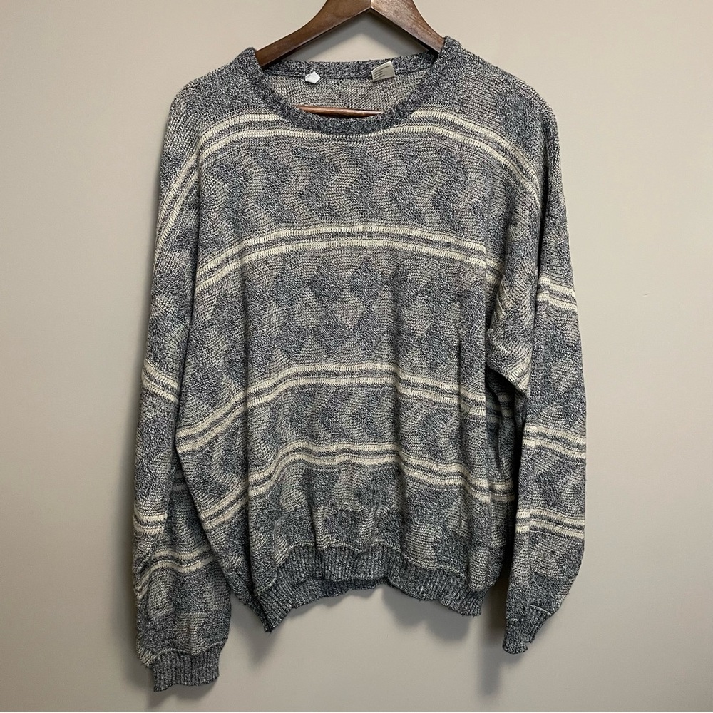 Vintage Grey & Yellow 90s Geometric Grandpa Sweater Men’s Oversized Medium